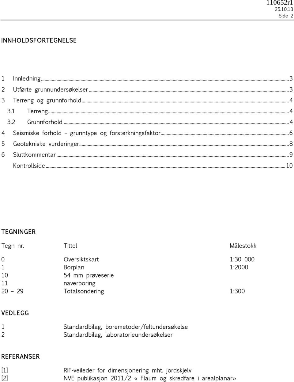 Tittel Målestokk 0 Oversiktskart 1:30 000 1 Borplan 1:2000 10 54 mm prøveserie 11 naverboring 20 29 Totalsondering 1:300 VEDLEGG 1 Standardbilag,