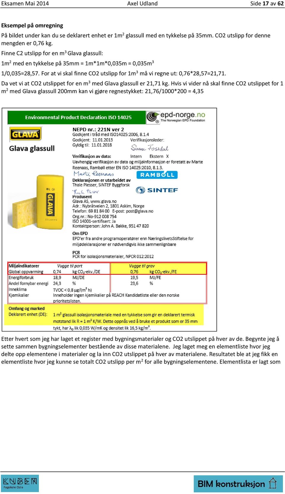 Da vet vi at CO2 utslippet for en m 3 med Glava glassull er 21,71 kg.