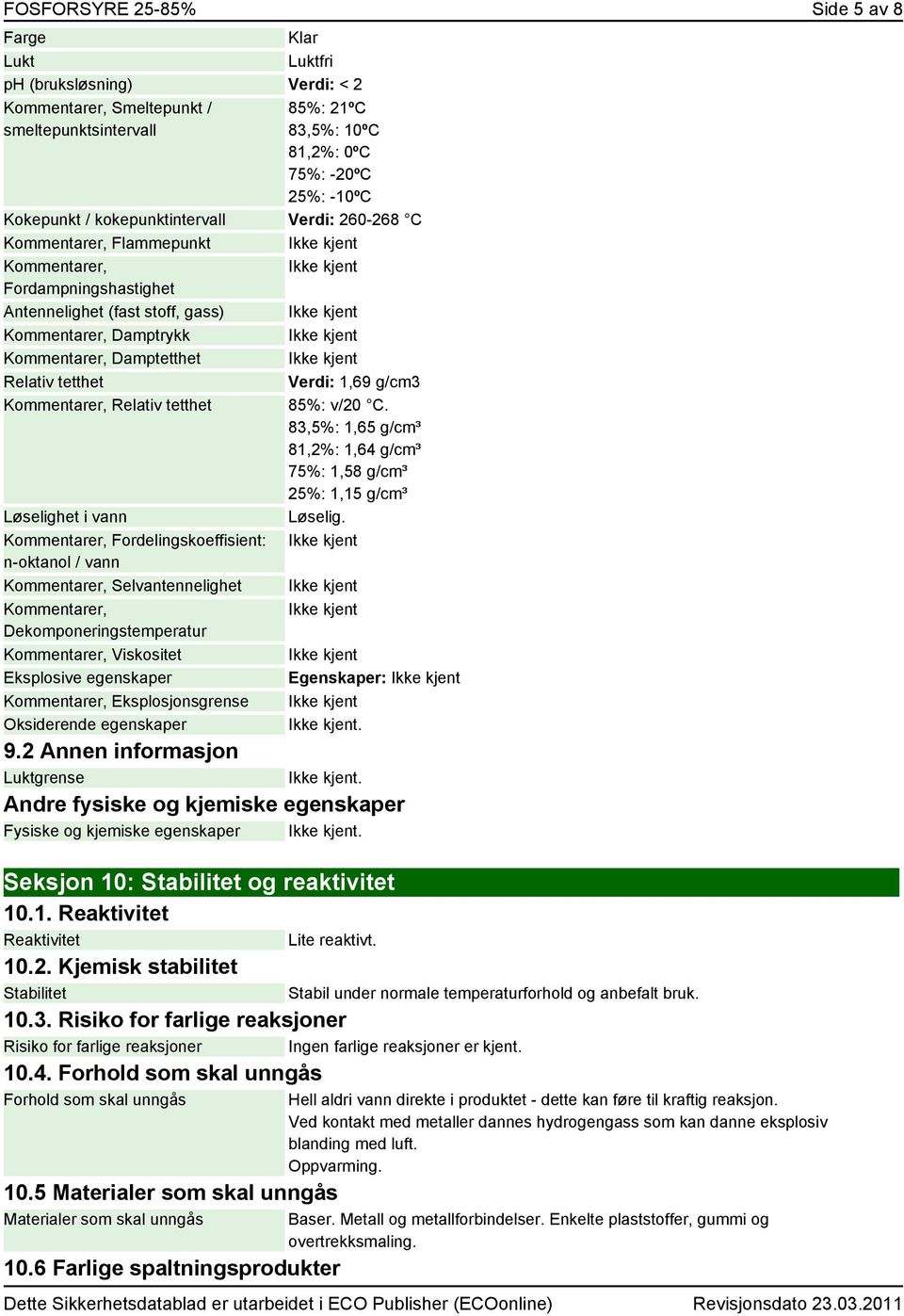 Kommentarer, Damptetthet Ikke kjent Relativ tetthet Verdi: 1,69 g/cm3 Kommentarer, Relativ tetthet 85%: v/20 C.