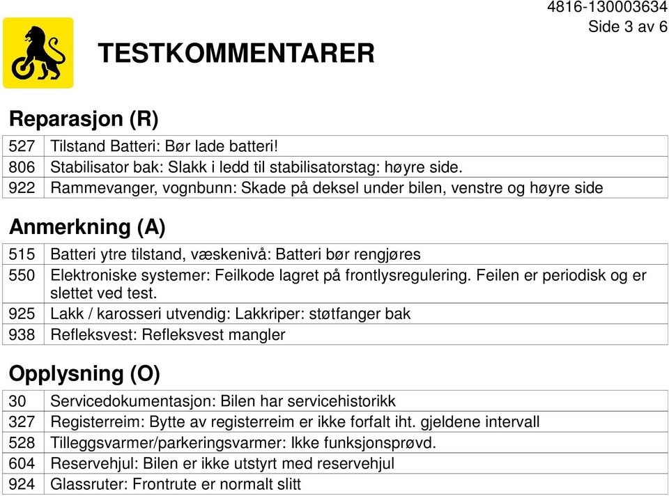 frontlysregulering. Feilen er periodisk og er slettet ved test.