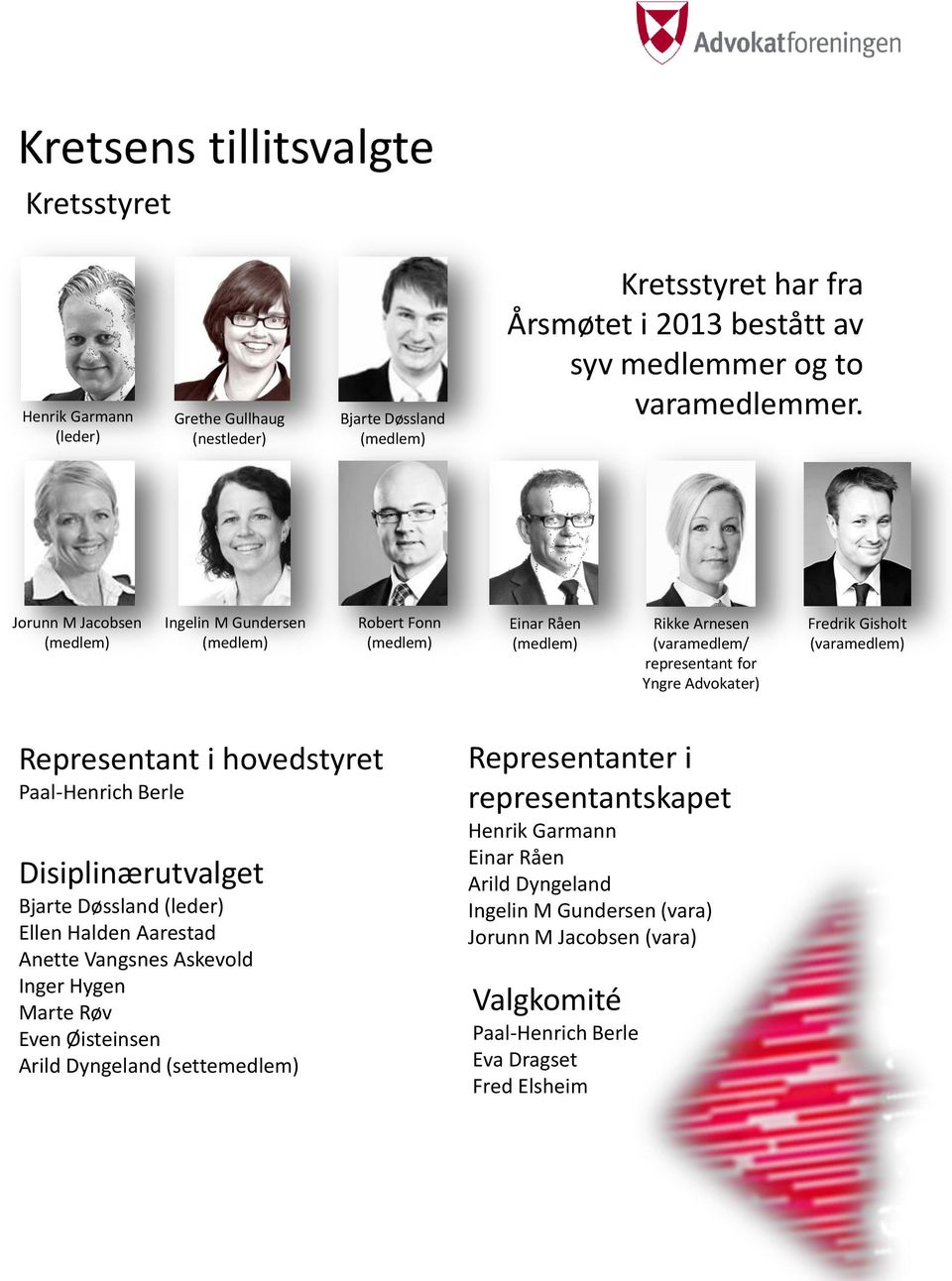 Representant i hovedstyret Paal-Henrich Berle Disiplinærutvalget Bjarte Døssland (leder) Ellen Halden Aarestad Anette Vangsnes Askevold Inger Hygen Marte Røv Even Øisteinsen Arild Dyngeland