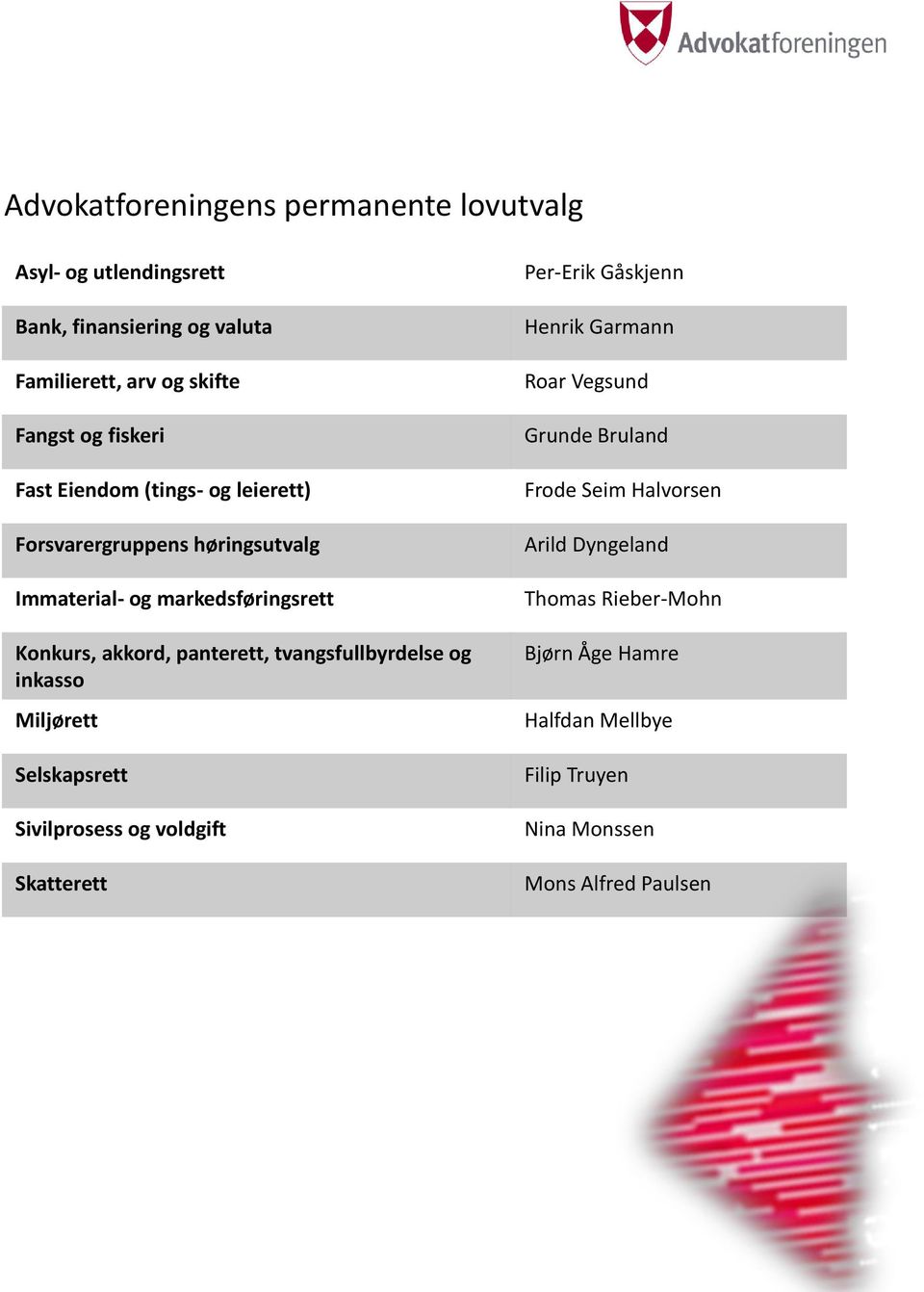 tvangsfullbyrdelse og inkasso Miljørett Selskapsrett Sivilprosess og voldgift Skatterett Per-Erik Gåskjenn Henrik Garmann Roar Vegsund