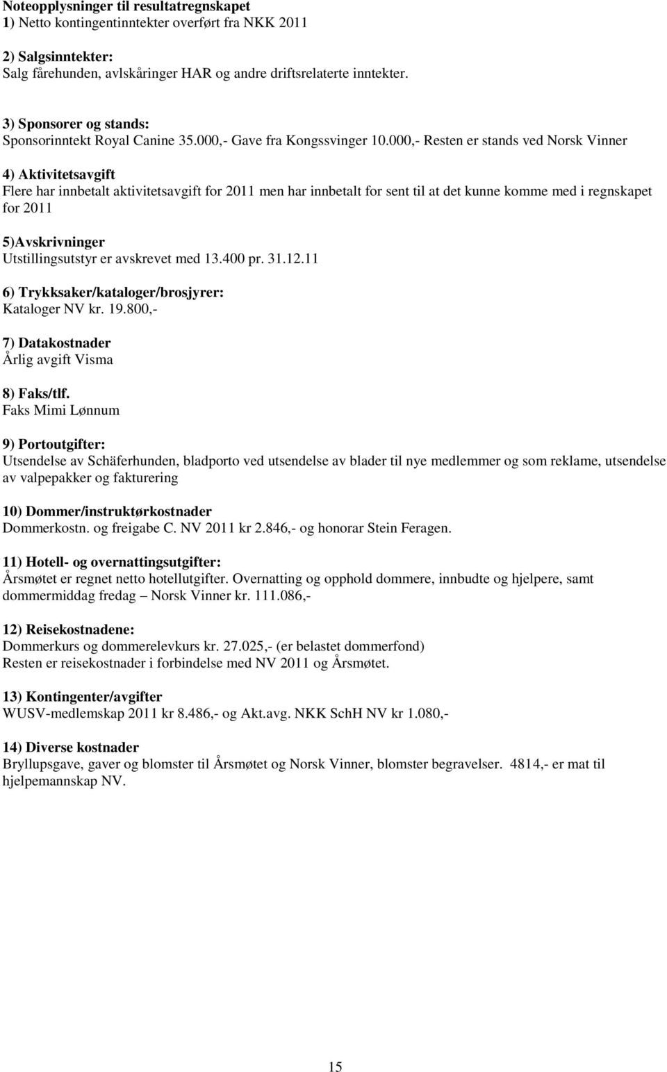 000,- Resten er stands ved Norsk Vinner 4) Aktivitetsavgift Flere har innbetalt aktivitetsavgift for 2011 men har innbetalt for sent til at det kunne komme med i regnskapet for 2011 5)Avskrivninger