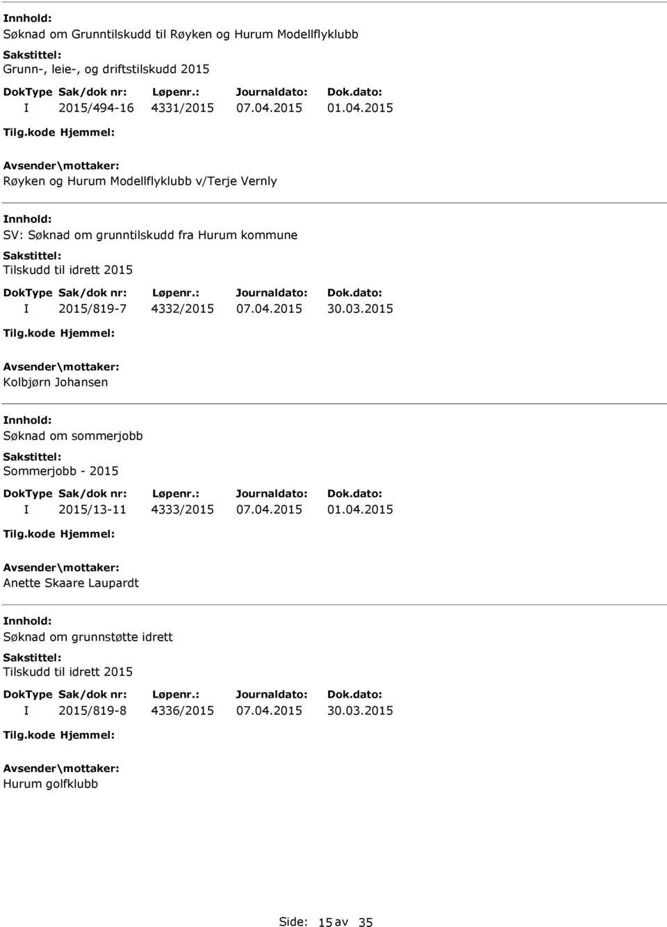 2015 2015/819-7 4332/2015 Kolbjørn Johansen Søknad om sommerjobb Sommerjobb - 2015 2015/13-11 4333/2015 01.04.