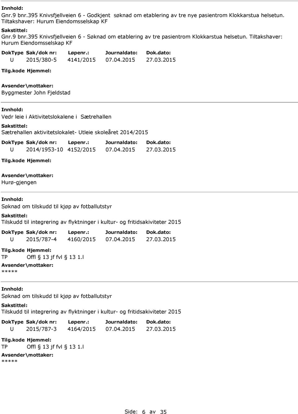 2014/1953-10 4152/2015 Hurø-gjengen Søknad om tilskudd til kjøp av fotballutstyr Tilskudd til integrering av flyktninger i kultur- og fritidsakiviteter 2015 2015/787-4 4160/2015 ***** Søknad om