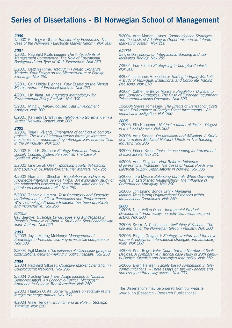 Nok 250 2/2001 Dagfinn Rime: Trading in Foreign Exchange Markets. Four Essays on the Microstructure of Foreign Exchange.