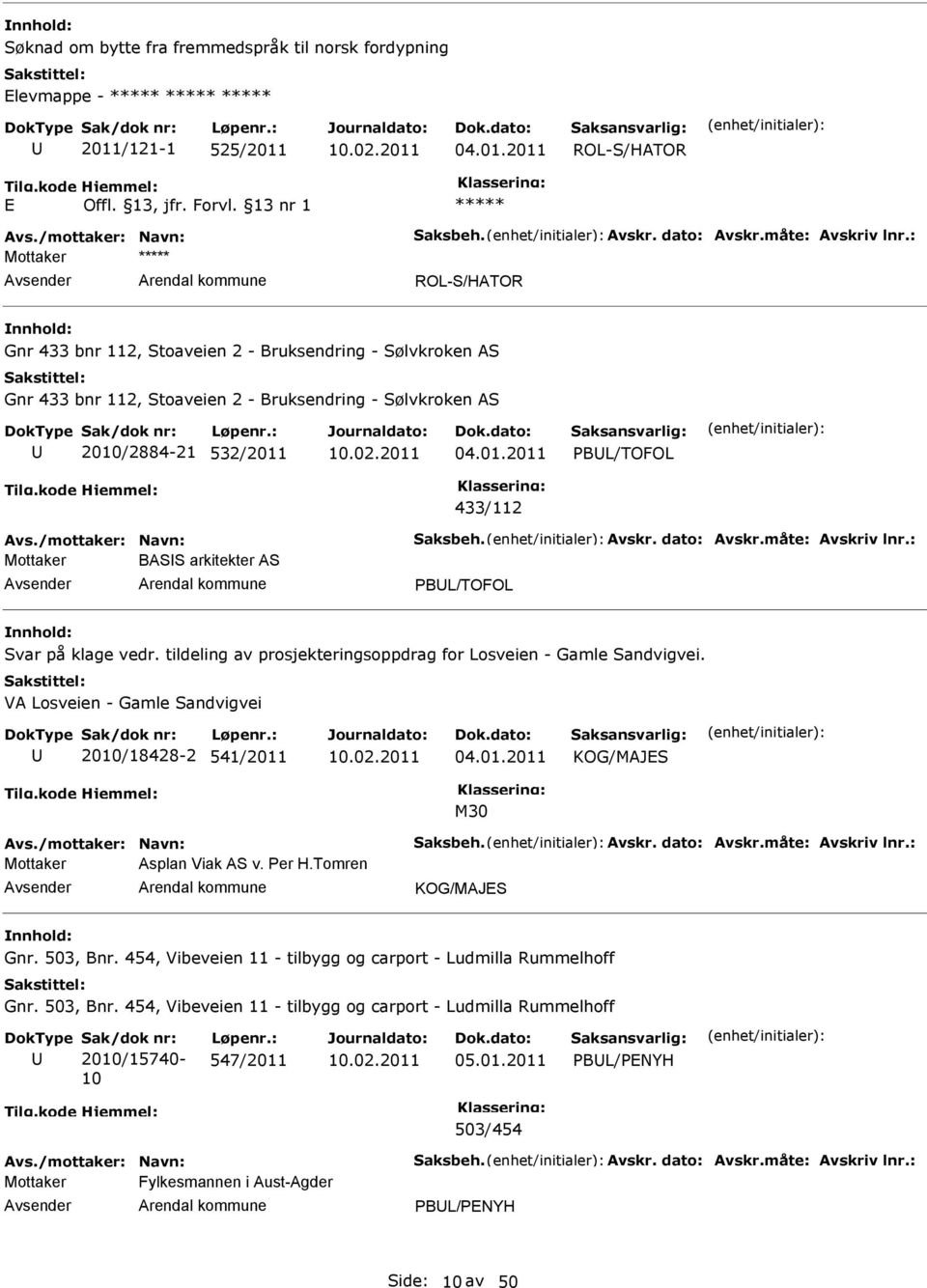 : ***** ROL-S/HATOR Gnr 433 bnr 112, Stoaveien 2 - Bruksendring - Sølvkroken AS Gnr 433 bnr 112, Stoaveien 2 - Bruksendring - Sølvkroken AS 2010/2884-21 532/2011 PBL/TOFOL 433/112 Avs.