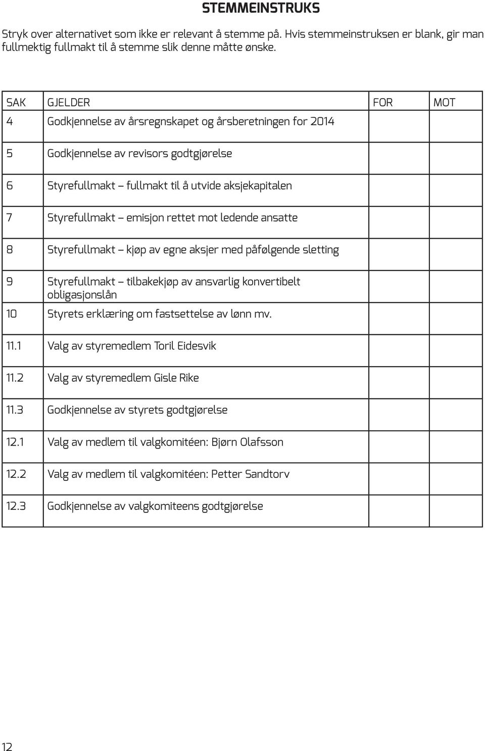 rettet mot ledende ansatte 8 Styrefullmakt kjøp av egne aksjer med påfølgende sletting 9 Styrefullmakt tilbakekjøp av ansvarlig konvertibelt obligasjonslån 10 Styrets erklæring om fastsettelse av