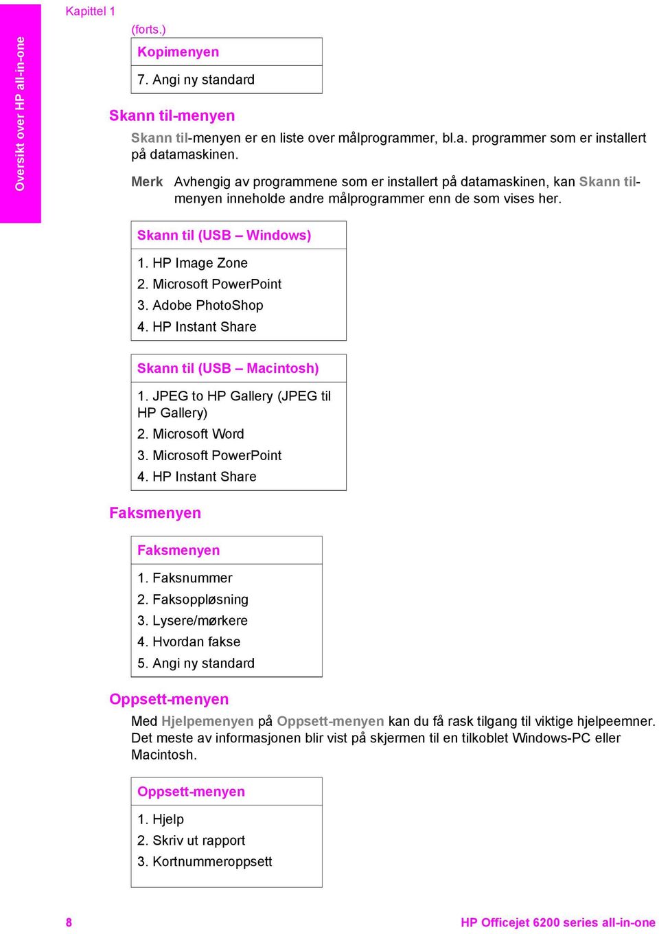Adobe PhotoShop 4. HP Instant Share Skann til (USB Macintosh) 1. JPEG to HP Gallery (JPEG til HP Gallery) 2. Microsoft Word 3. Microsoft PowerPoint 4. HP Instant Share Faksmenyen Faksmenyen 1.