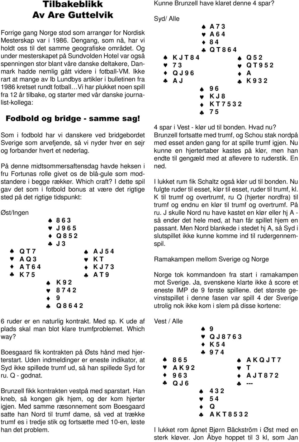 Ikke rart at mange av Ib Lundbys artikler i bulletinen fra 1986 kretset rundt fotball Vi har plukket noen spill fra 12 år tilbake, og starter med vår danske journalistkollega: Fodbold og bridge samme