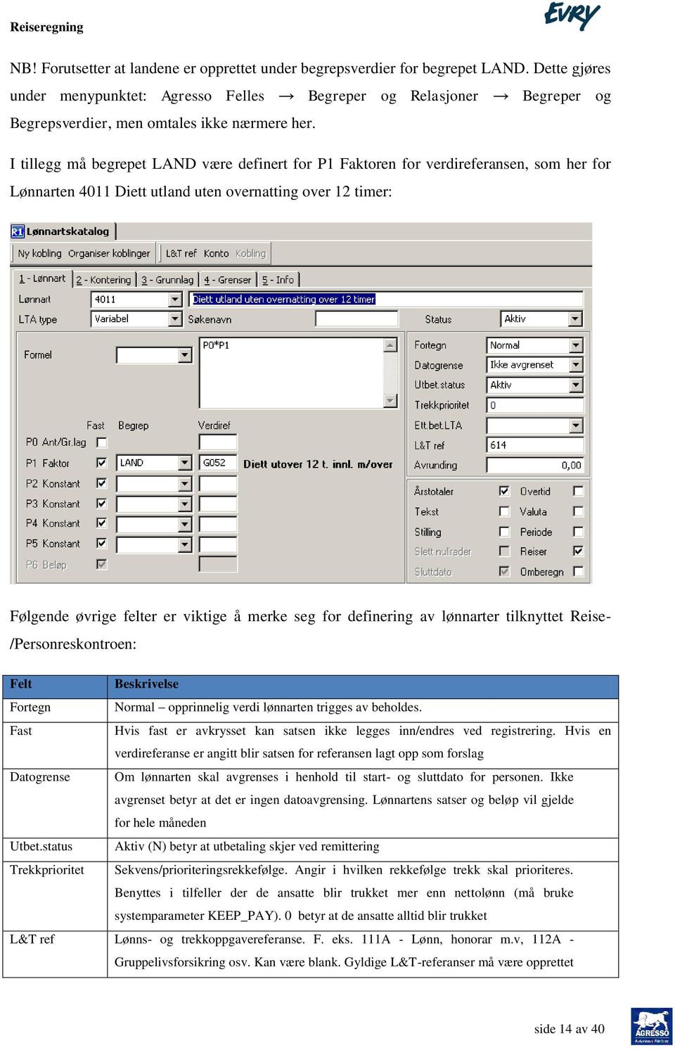 I tillegg må begrepet LAND være definert for P1 Faktoren for verdireferansen, som her for Lønnarten 4011 Diett utland uten overnatting over 12 timer: Følgende øvrige felter er viktige å merke seg for
