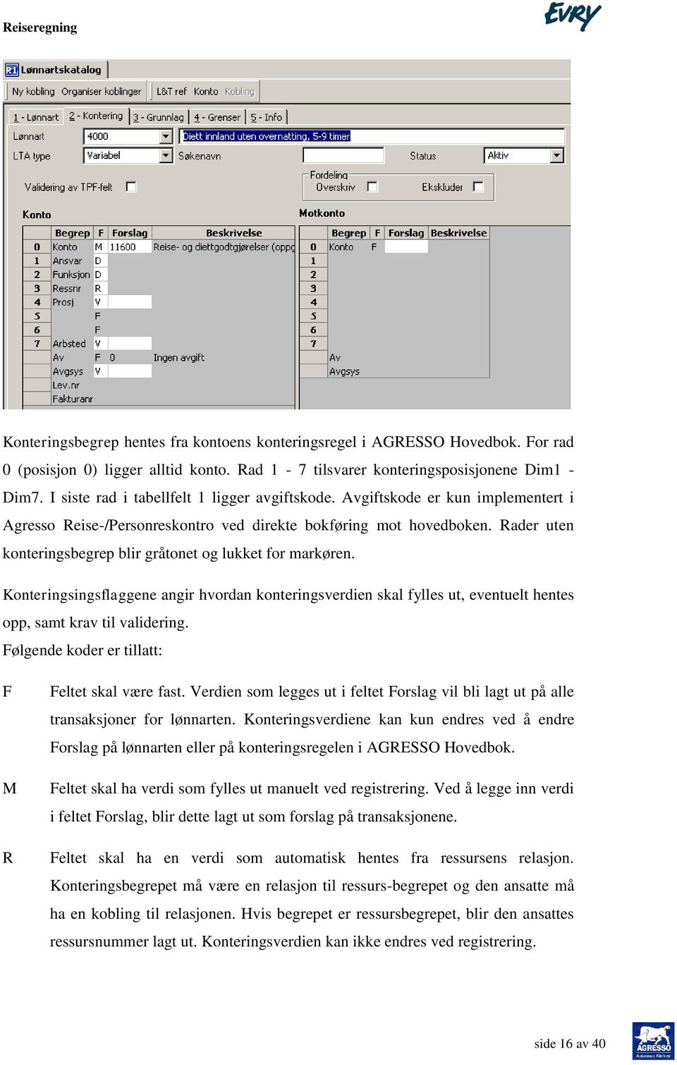 Rader uten konteringsbegrep blir gråtonet og lukket for markøren. Konteringsingsflaggene angir hvordan konteringsverdien skal fylles ut, eventuelt hentes opp, samt krav til validering.