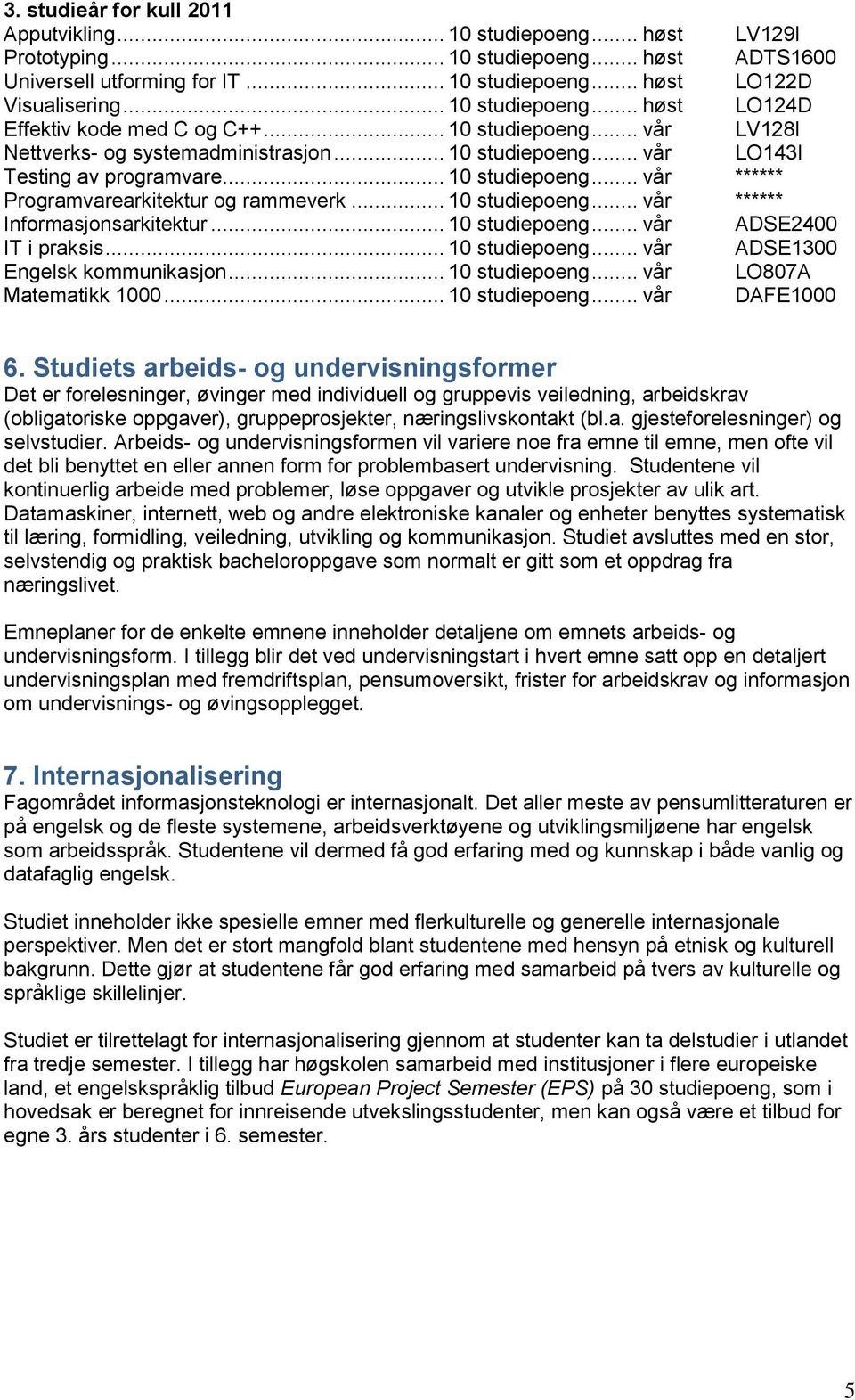 .. 10 studiepoeng... vår ****** Informasjonsarkitektur... 10 studiepoeng... vår ADSE2400 IT i praksis... 10 studiepoeng... vår ADSE1300 Engelsk kommunikasjon... 10 studiepoeng... vår LO807A Matematikk 1000.