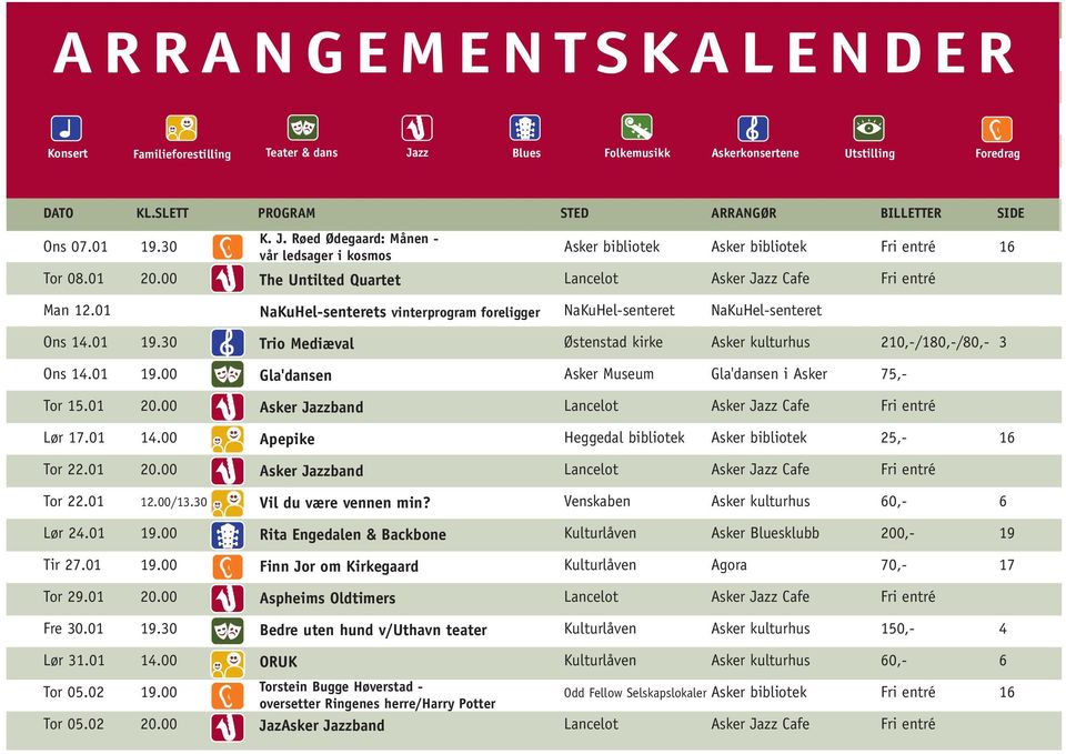 30 Trio Mediæval Østenstad kirke Asker kulturhus 210,-/180,-/80,- 3 Ons 14.01 19.00 Gla'dansen Asker Museum Gla'dansen i Asker 75,- Tor 15.01 20.00 Asker Jazzband Lør 17.01 14.