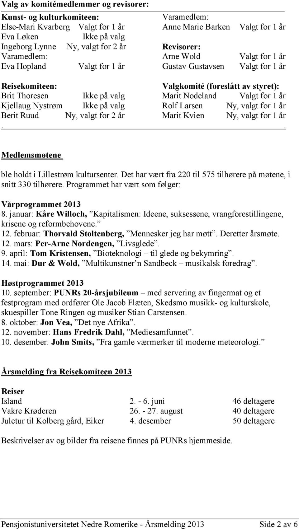 Arne Wold Gustav Gustavsen Valgt for 1 år Valgt for 1 år Valgt for 1 år Reisekomiteen: Valgkomité (foreslått av styret): Brit Thoresen Ikke på valg Marit Nodeland Valgt for 1 år Kjellaug Nystrøm Ikke