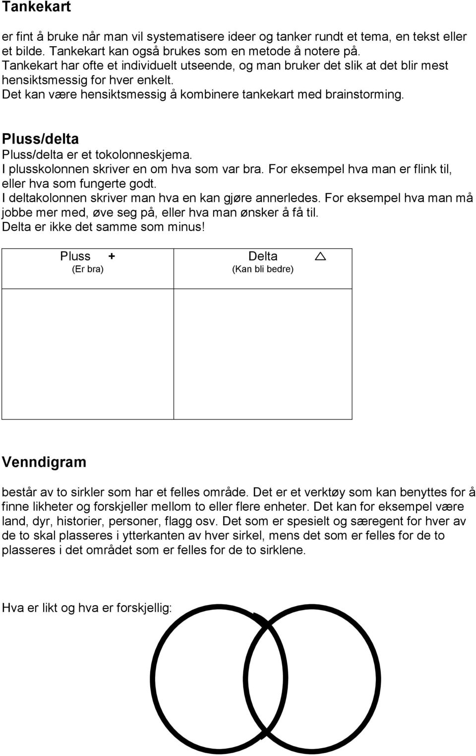 Pluss/delta Pluss/delta er et tokolonneskjema. I plusskolonnen skriver en om hva som var bra. For eksempel hva man er flink til, eller hva som fungerte godt.