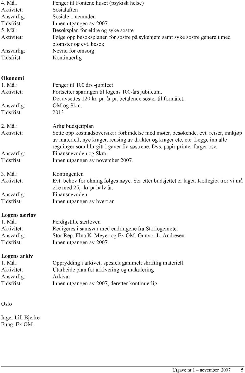 Mål: Penger til 100 års -jubileet Fortsetter sparingen til logens 100-års jubileum. Det avsettes 120 kr. pr. år pr. betalende søster til formålet. Ansvarlig: OM og Skm. 2013 2.