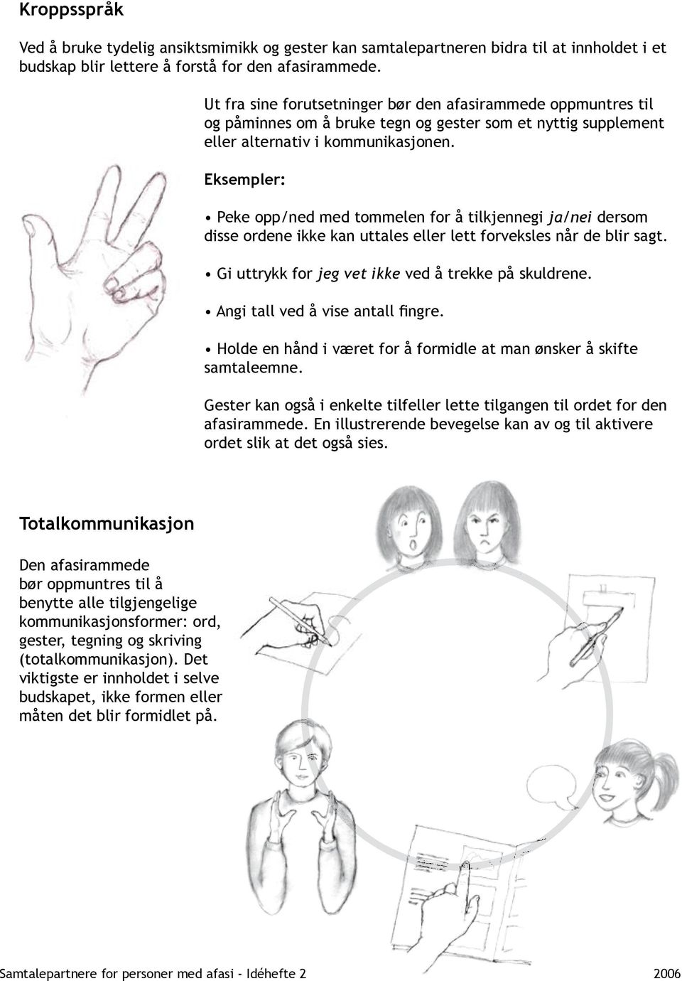 Eksempler: Peke opp/ned med tommelen for å tilkjennegi ja/nei dersom disse ordene ikke kan uttales eller lett forveksles når de blir sagt. Gi uttrykk for jeg vet ikke ved å trekke på skuldrene.