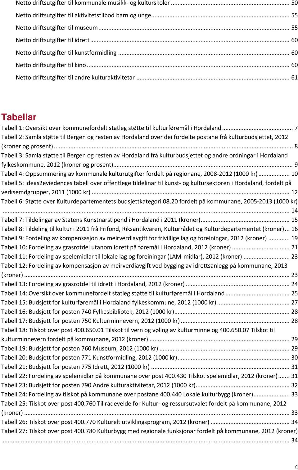 .. 61 Tabellar Tabell 1: Oversikt over kommunefordelt statleg støtte til kulturføremål i Hordaland.