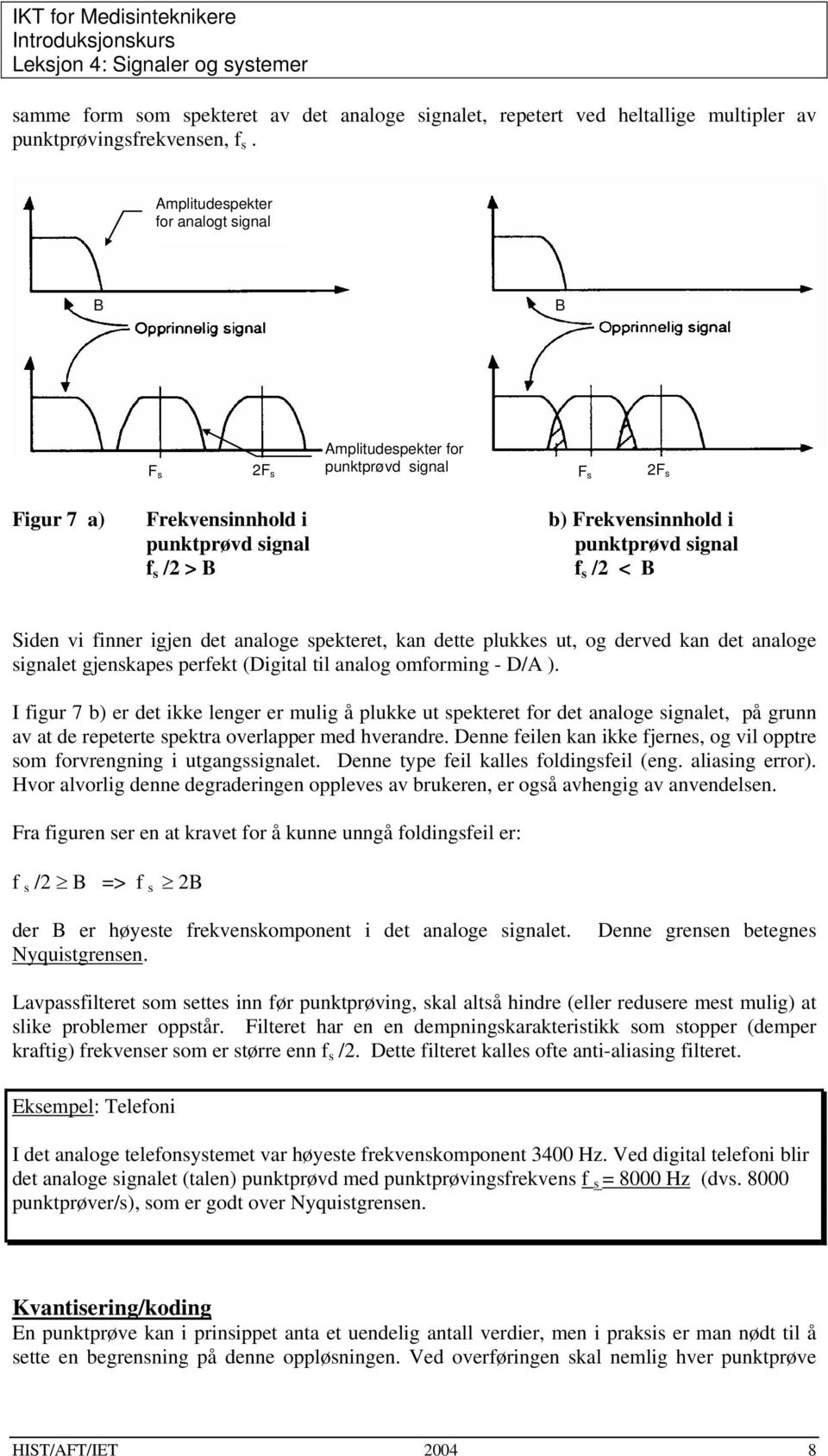 /2 < B Siden vi finner igjen det analoge spekteret, kan dette plukkes ut, og derved kan det analoge signalet gjenskapes perfekt (Digital til analog omforming - D/A ).