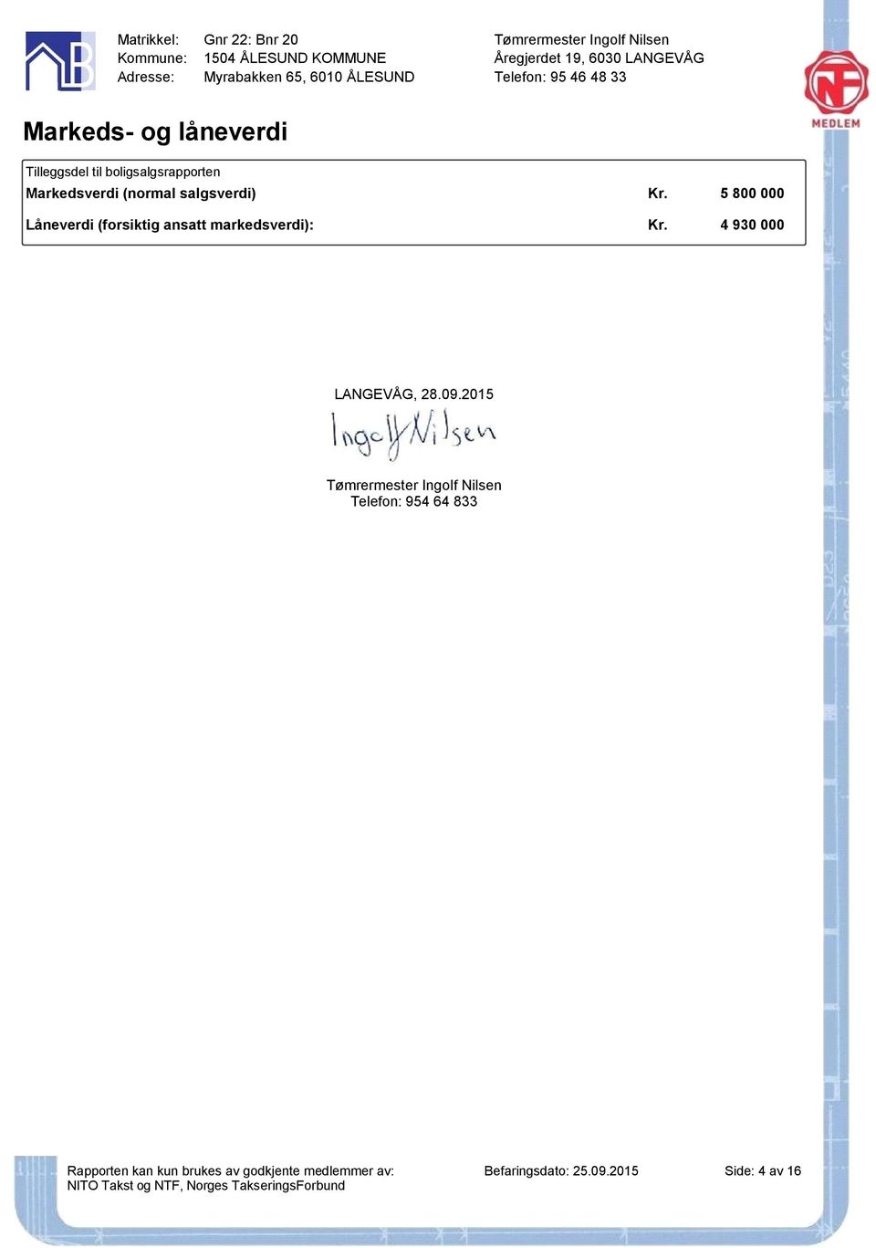 salgsverdi) 5 800 000 Låneverdi (forsiktig ansatt