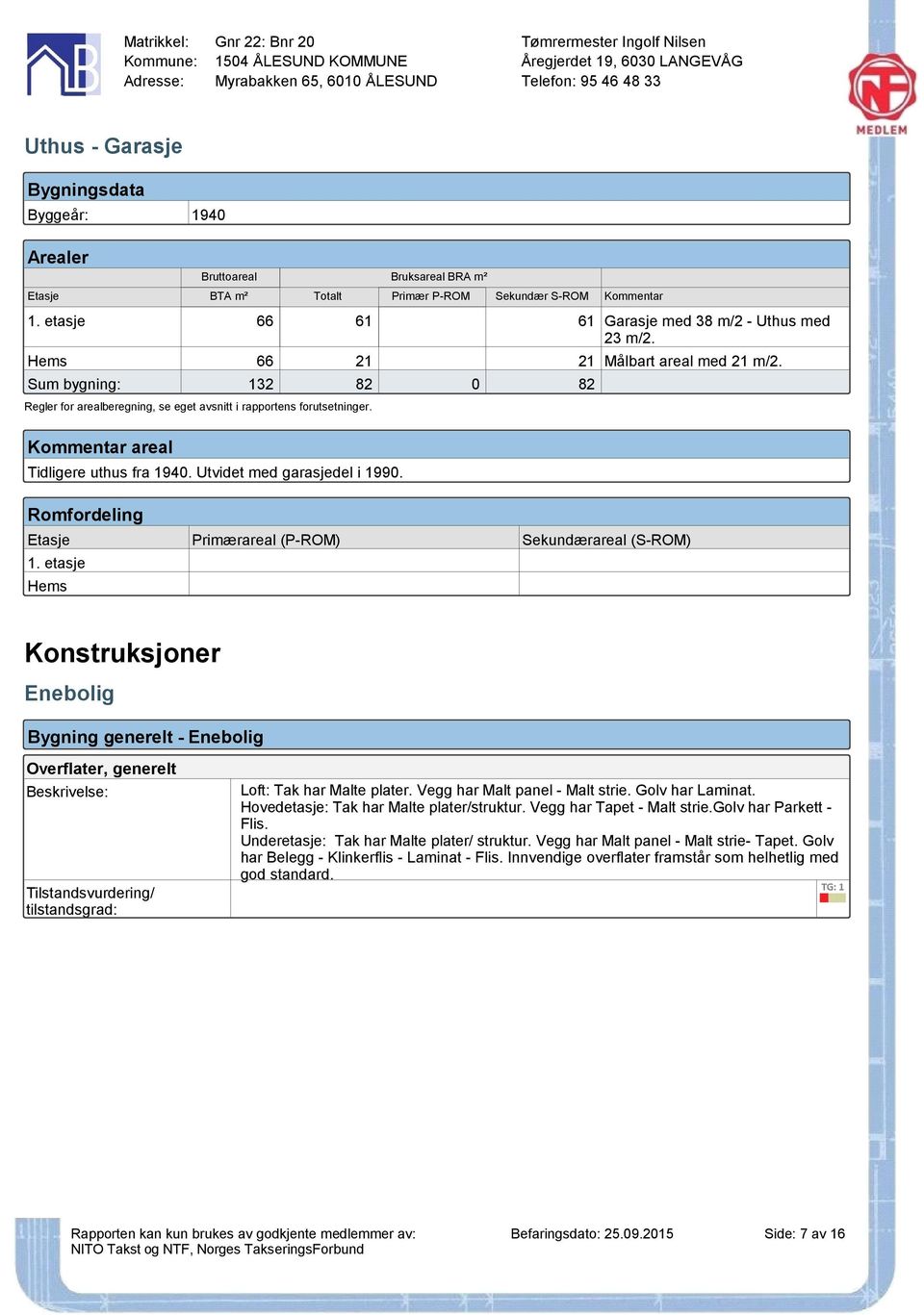 0 82 Regler for arealberegning, se eget avsnitt i rapportens forutsetninger. Kommentar areal Tidligere uthus fra 1940. Utvidet med garasjedel i 1990.