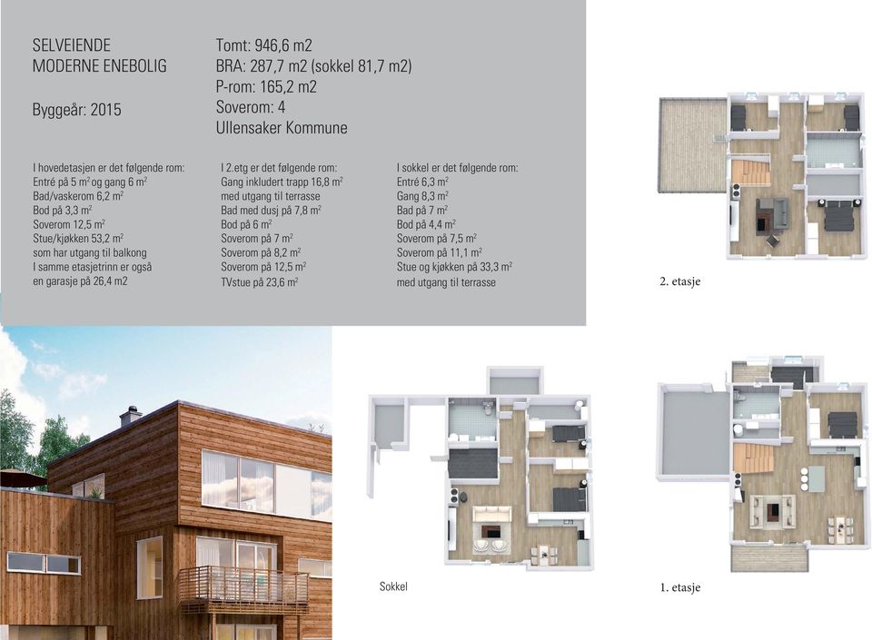 etg er det følgende rom: Gang inkludert trapp 16,8 m 2 med utgang til terrasse Bad med dusj på 7,8 m 2 Bod på 6 m 2 Soverom på 7 m 2 Soverom på 8,2 m 2 Soverom på 12,5 m 2 TVstue på 23,6