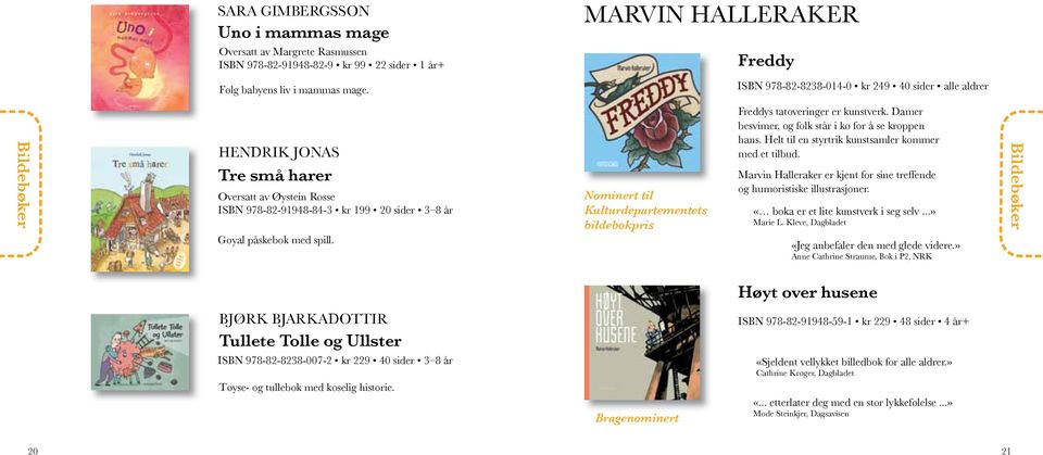 spill. Nominert til Kulturdepartementets bildebokpris Freddys tatoveringer er kunstverk. Damer besvimer, og folk står i kø for å se kroppen hans. Helt til en styrtrik kunstsamler kommer med et tilbud.