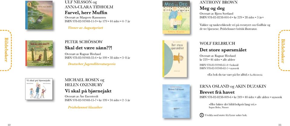 ?! Oversatt av Ragnar Hovland ISBN 978-82-91948-32-4 kr 199 38 sider 3 8 år Deutscher Jugendliteraturpreis WOLF ERLBRUCH Det store spørsmålet Oversatt av Ragnar Hovland kr 229 46 sider alle aldrer