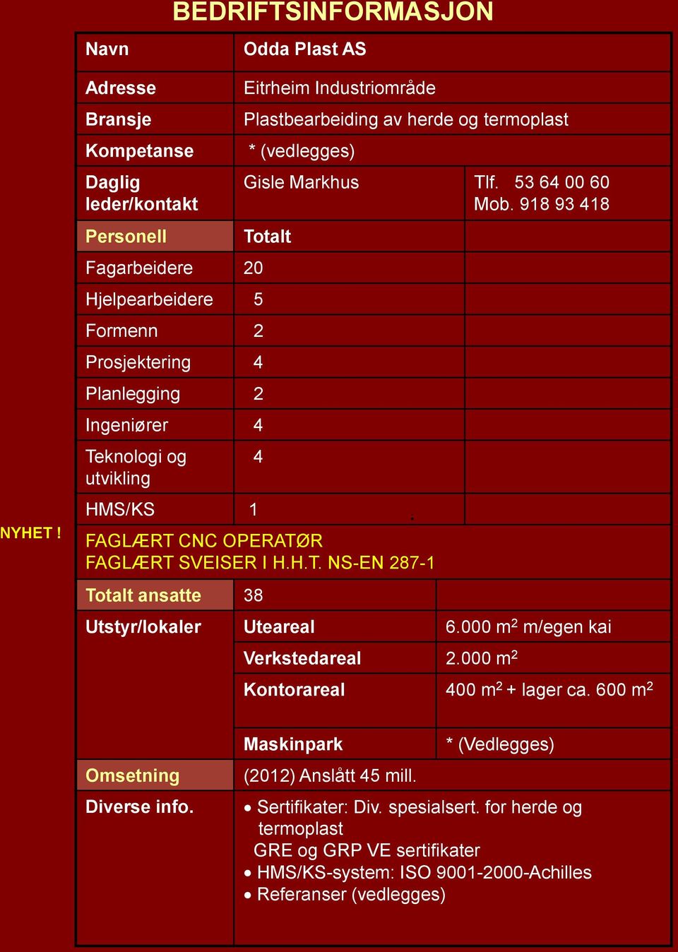 Industriområde Plastbearbeiding av herde og termoplast * (vedlegges) Gisle Markhus Tlf. 53 64 00 60 Mob. 918 93 418 Totalt 4 FAGLÆRT CNC OPERATØR FAGLÆRT SVEISER I H.H.T. NS-EN 287-1 Totalt ansatte 38 Utstyr/lokaler Uteareal 6.