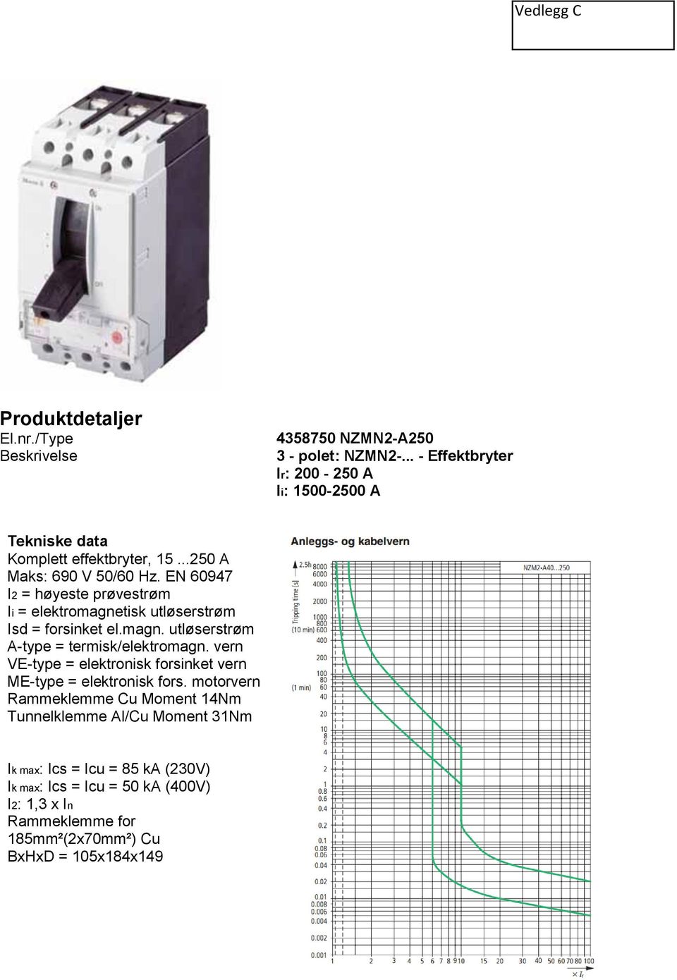 EN 60947 I2 = høyeste prøvestrøm Ii = elektromagnetisk utløserstrøm Isd = forsinket el.magn. utløserstrøm A-type = termisk/elektromagn.