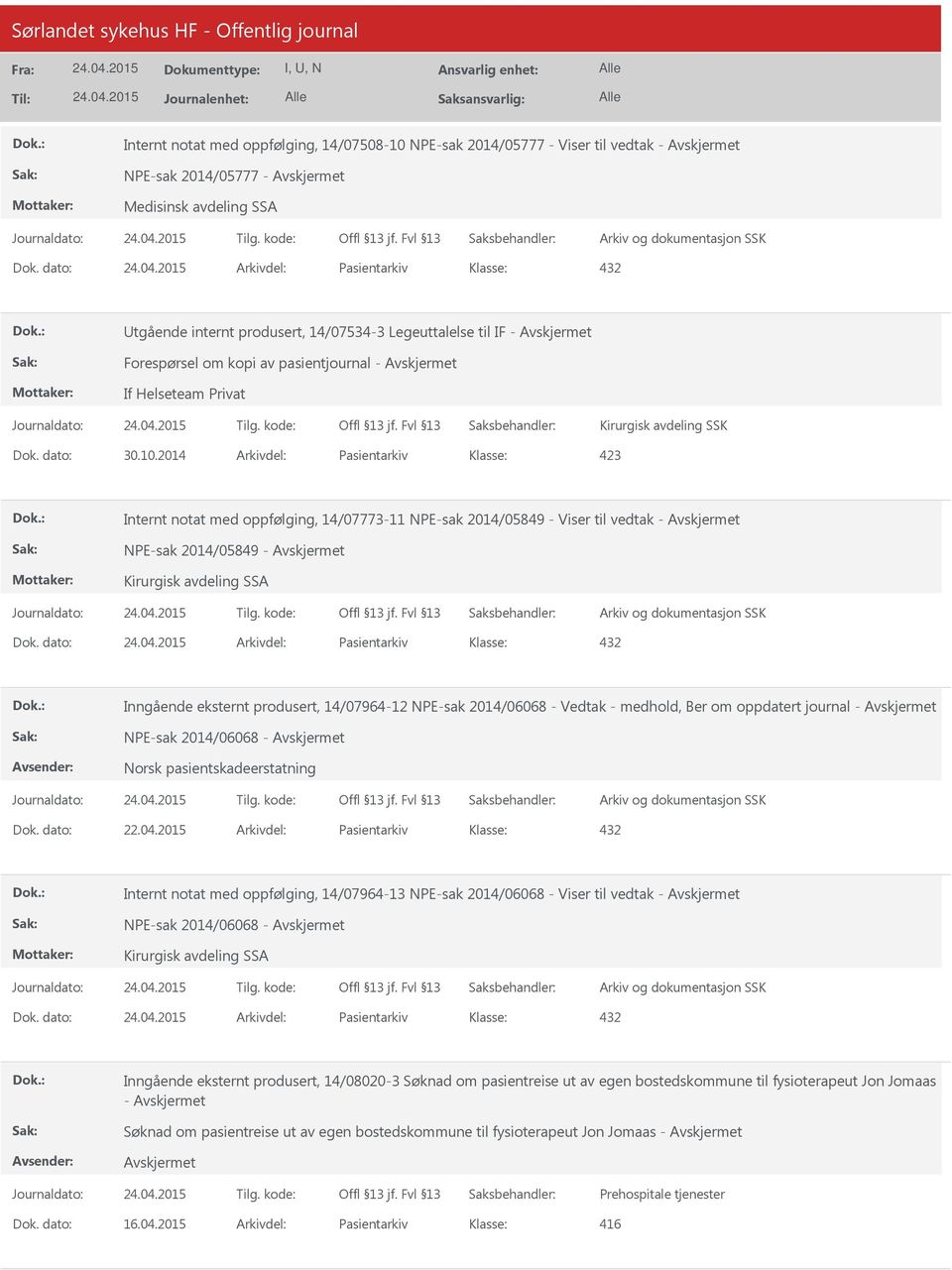 2014 Arkivdel: Pasientarkiv Internt notat med oppfølging, 14/07773-11 NPE-sak 2014/05849 - Viser til vedtak - NPE-sak 2014/05849 - Kirurgisk avdeling SSA Dok.