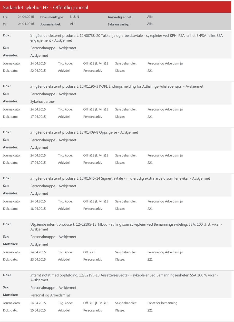 2015 Arkivdel: Personalarkiv Inngående eksternt produsert, 12/01409-8 Oppsigelse - Personalmappe - Dok. dato: 17.04.