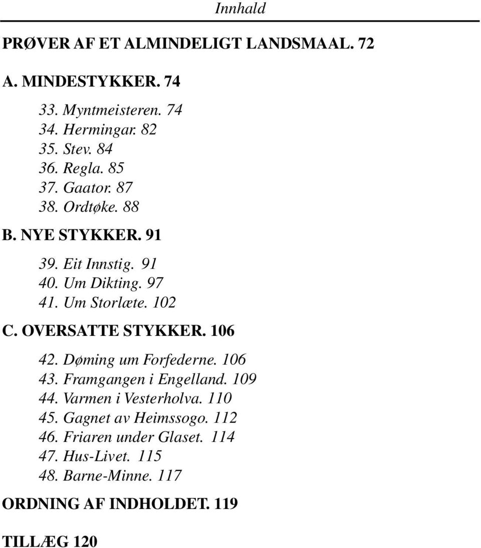 OVERSATTE STYKKER. 106 42. Døming um Forfederne. 106 43. Framgangen i Engelland. 109 44. Varmen i Vesterholva. 110 45.