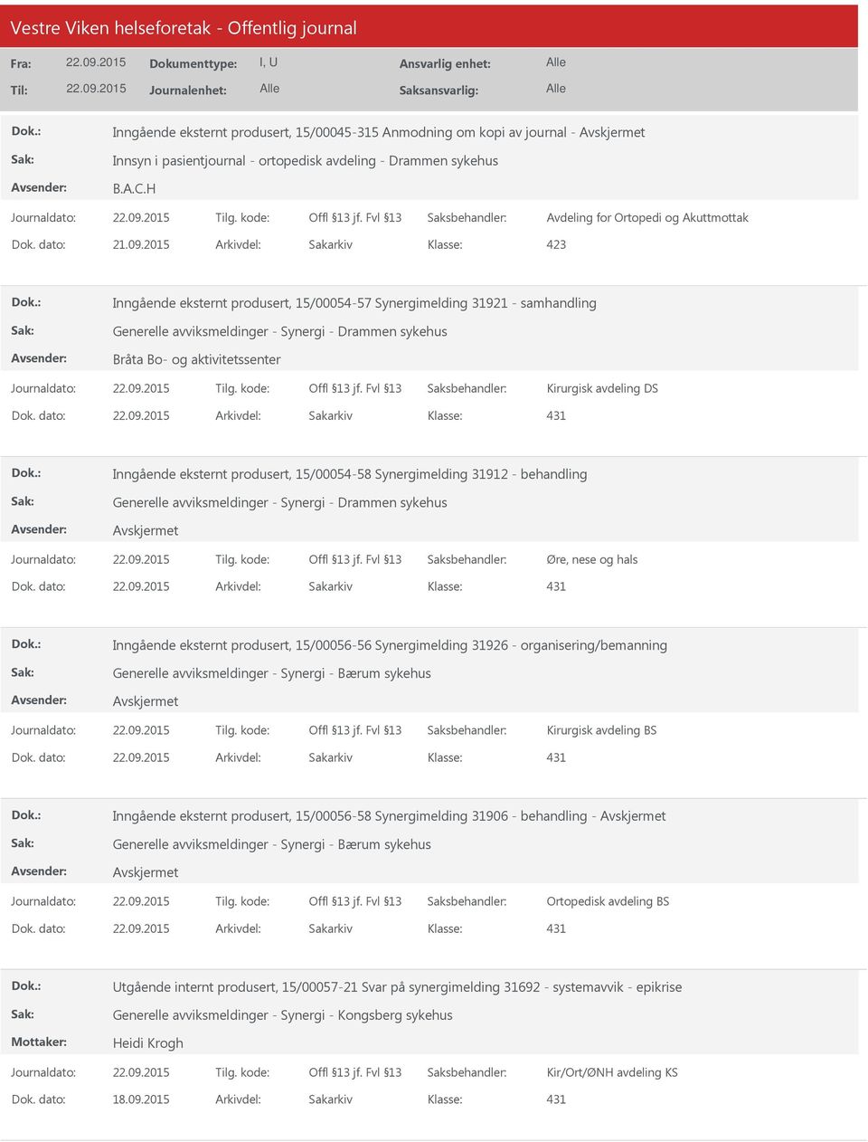 avdeling DS Dok. dato: Arkivdel: Sakarkiv 431 Inngående eksternt produsert, 15/00054-58 Synergimelding 31912 - behandling Generelle avviksmeldinger - Synergi - Drammen sykehus Øre, nese og hals Dok.