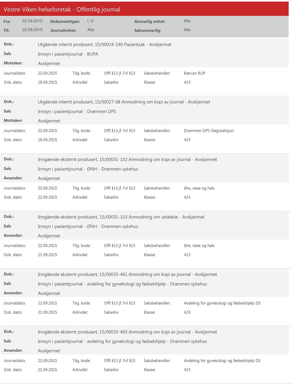 dato: Arkivdel: Sakarkiv Inngående eksternt produsert, 15/00031-103 Anmodning om uttalelse - Innsyn i pasientjournal - ØNH - Drammen sykehus Øre, nese og hals Dok. dato: 21.09.