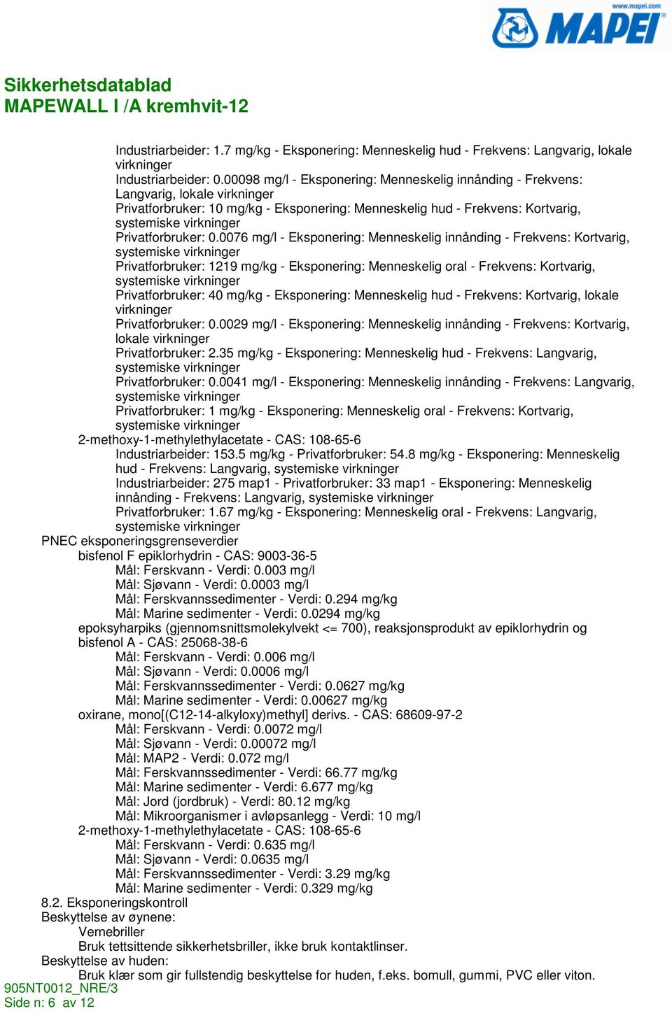 0076 mg/l - Eksponering: Menneskelig innånding - Frekvens: Kortvarig, Privatforbruker: 1219 mg/kg - Eksponering: Menneskelig oral - Frekvens: Kortvarig, Privatforbruker: 40 mg/kg - Eksponering: