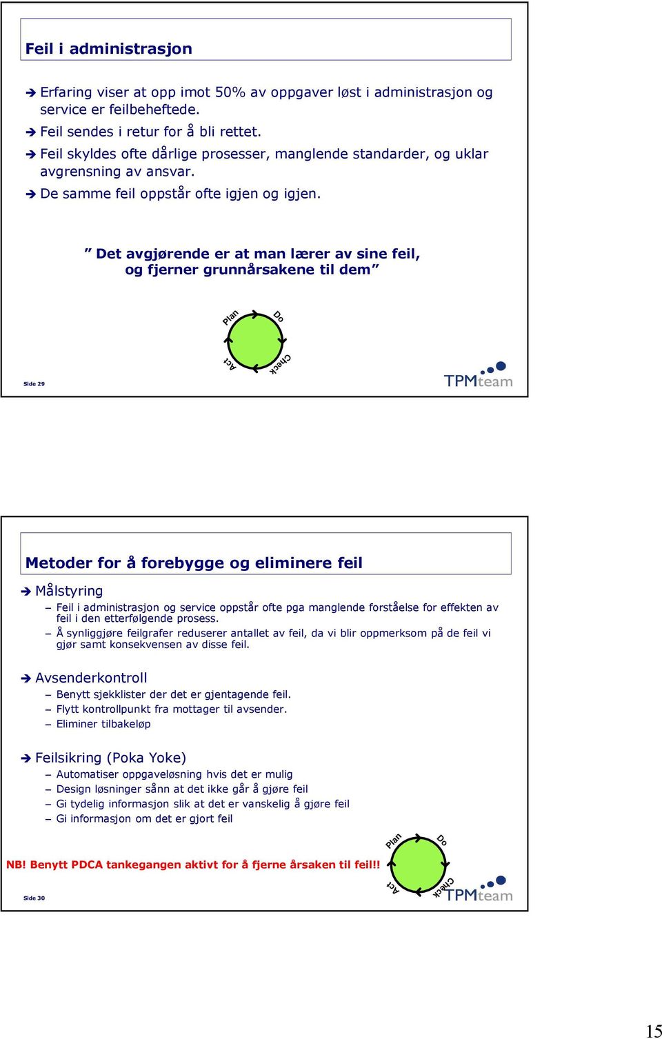 Det avgjørende er at man lærer av sine feil, og fjerner grunnårsakene til dem Plan Do Act Check Side 29 Metoder for å forebygge og eliminere feil Målstyring Feil i administrasjon og service oppstår