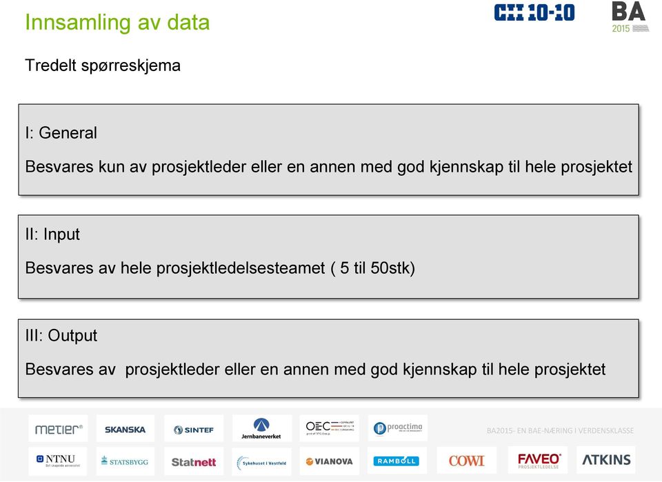 Input Besvares av hele prosjektledelsesteamet ( 5 til 50stk) III: Output