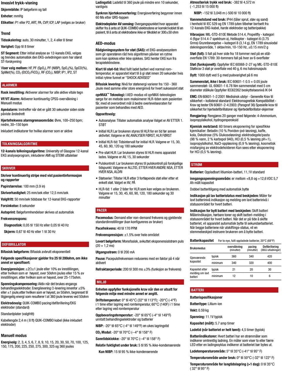 (NIBP), SpO 2 (%), SpCO(%), SpMet(%), CO 2 (EtCO 2 /FiCO 2 ), RF (CO 2 ), NIBP, IP1, IP2, ST ALARMER Rask innstilling: Aktiverer alarmer for alle aktive vitale tegn VF/VT Alarm: Aktiverer