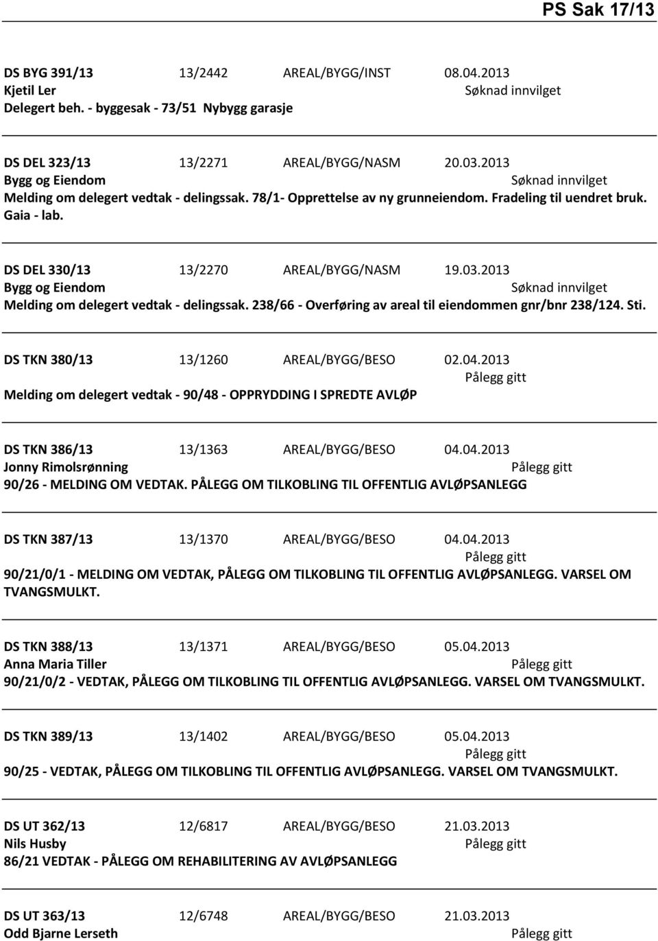 2013 Bygg og Eiendom Melding om delegert vedtak - delingssak. 238/66 - Overføring av areal til eiendommen gnr/bnr 238/124. Sti. DS TKN 380/13 13/1260 AREAL/BYGG/BESO 02.04.