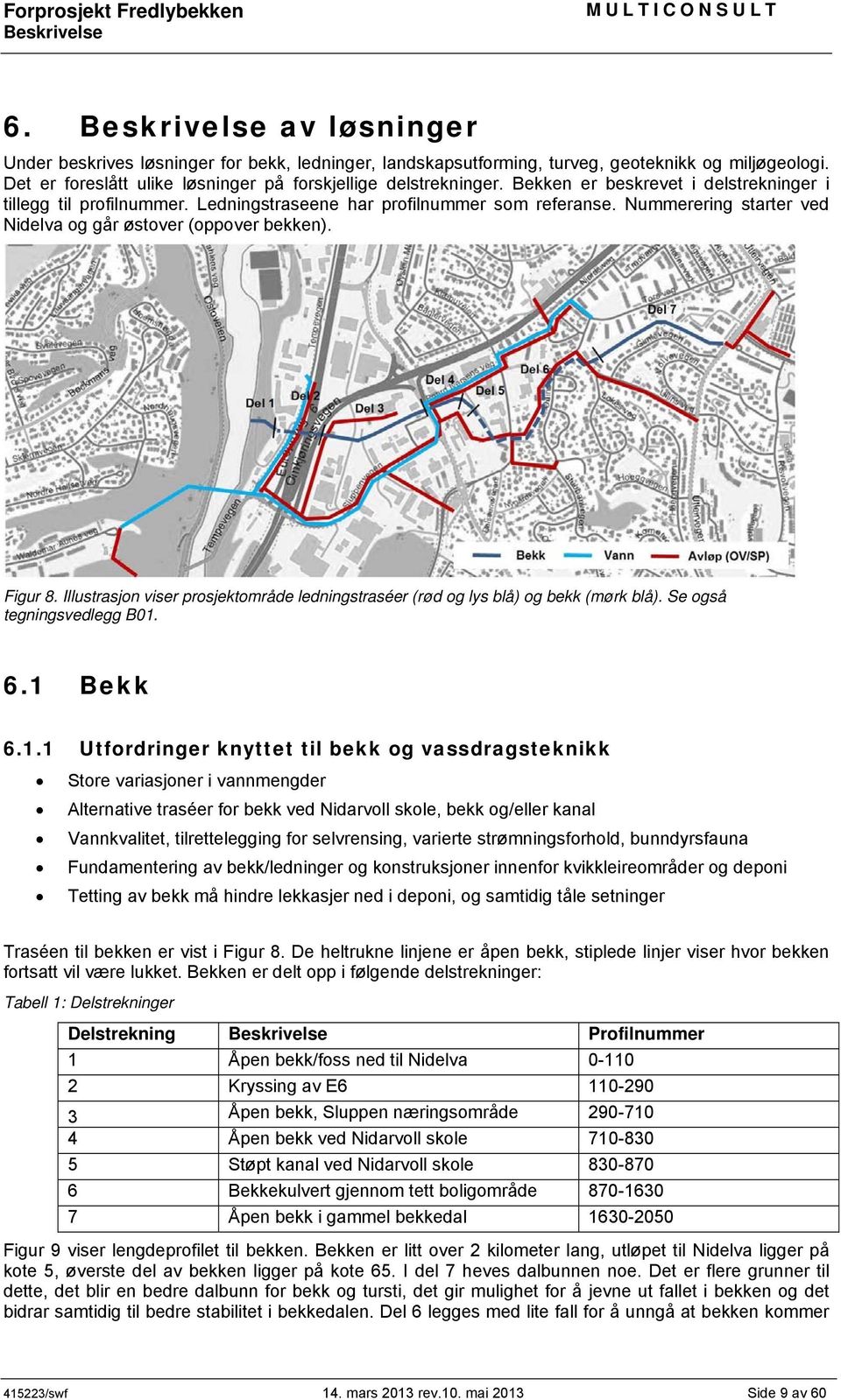 Illustrasjon viser prosjektområde ledningstraséer (rød og lys blå) og bekk (mørk blå). Se også tegningsvedlegg B01.