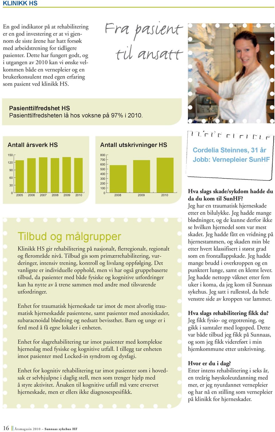 Fra pasient til ansatt Pasienttilfredshet HS Pasienttilfredsheten lå hos voksne på 97% i 2010.