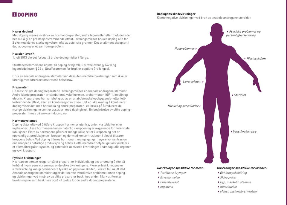 I treningsmiljøer brukes doping ofte for å øke musklenes styrke og volum, ofte av estetiske grunner. Det er allment akseptert i dag at doping er et samfunnsproblem. Hva sier loven? 1.