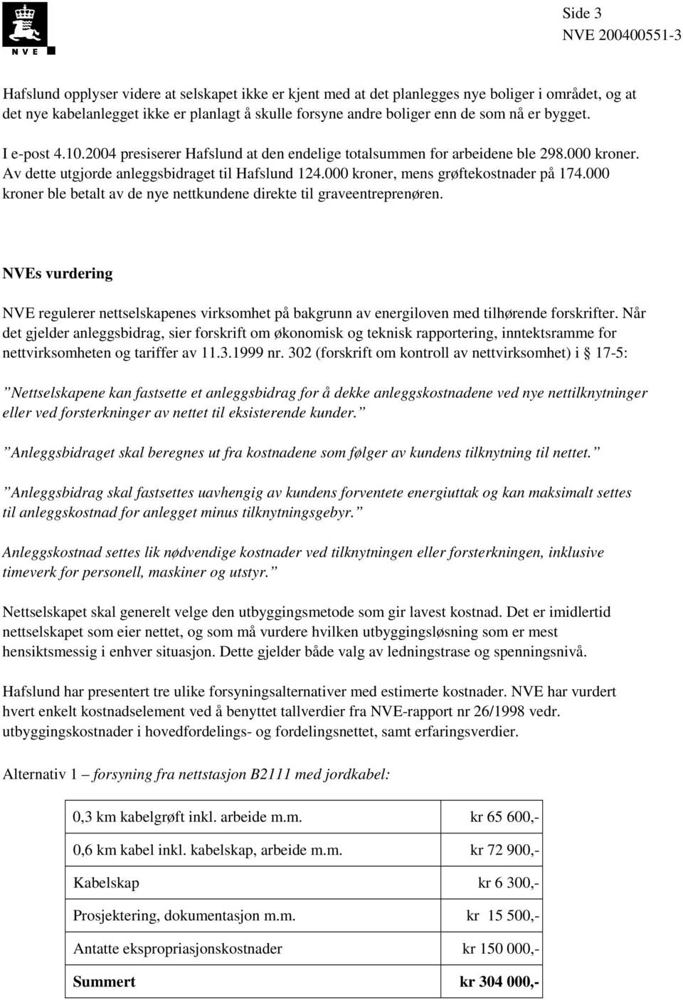 000 kroner ble betalt av de nye nettkundene direkte til graveentreprenøren. NVEs vurdering NVE regulerer nettselskapenes virksomhet på bakgrunn av energiloven med tilhørende forskrifter.