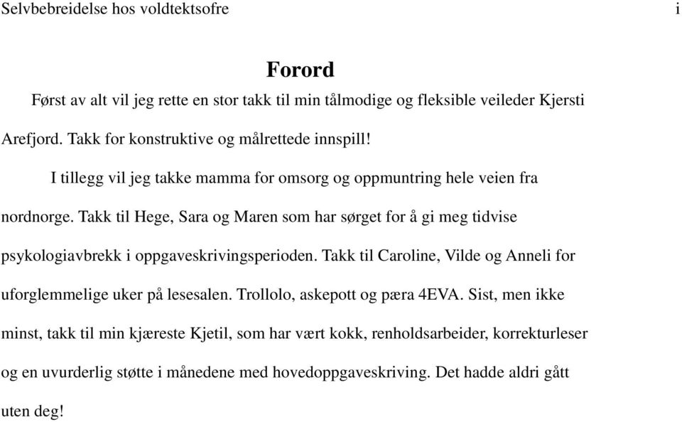 Takk til Hege, Sara og Maren som har sørget for å gi meg tidvise psykologiavbrekk i oppgaveskrivingsperioden.