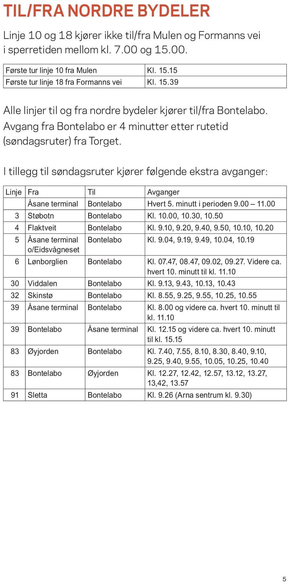 I tillegg til søndagsruter kjører følgende ekstra avganger: Linje Fra Til Avganger Åsane terminal Bontelabo Hvert 5. minutt i perioden 9.00 11.00 3 Støbotn Bontelabo Kl. 10.00, 10.30, 10.