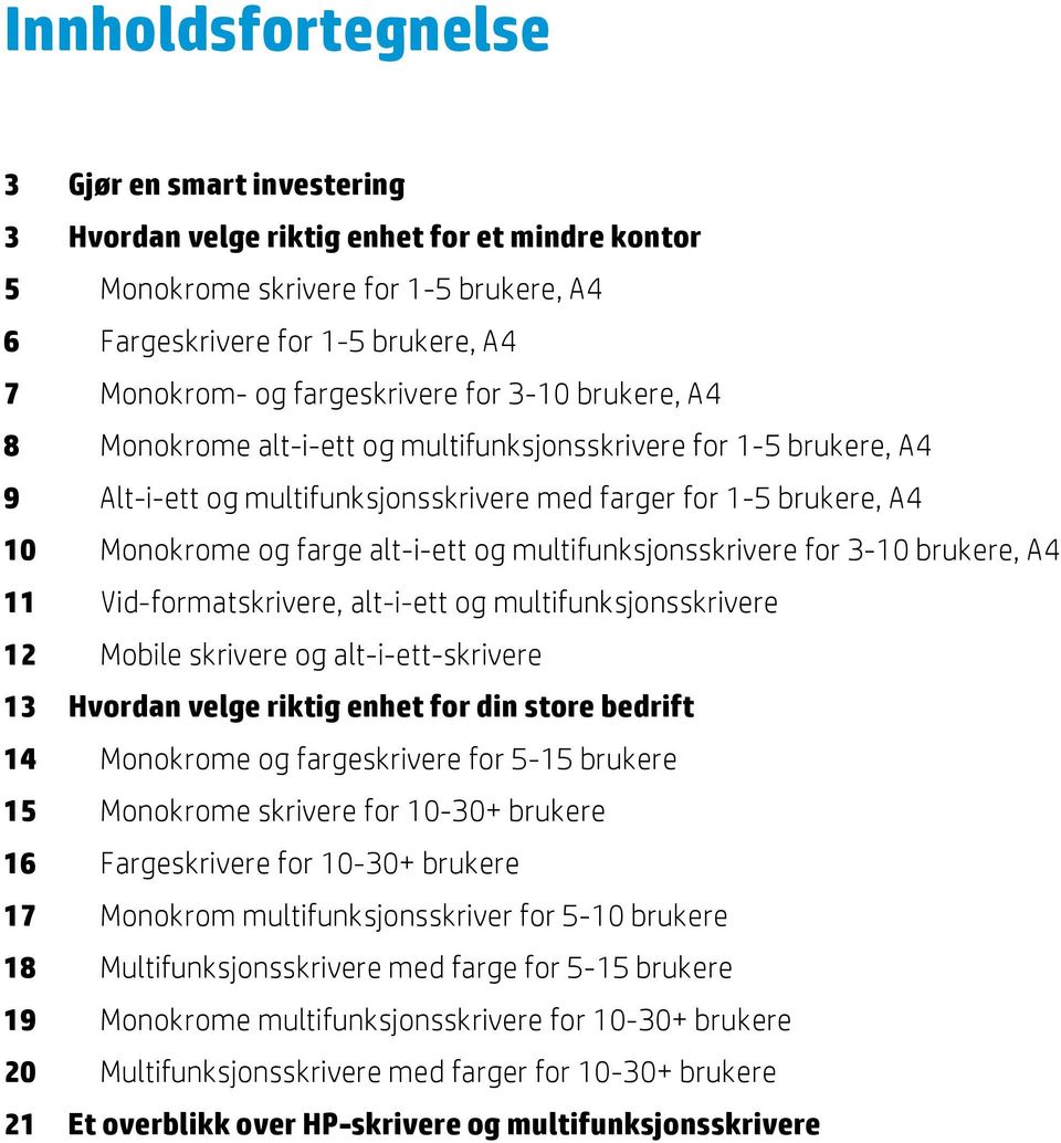 alt-i-ett og e 12 Mobile skrivere og alt-i-ett-skrivere 13 Hvordan velge riktig enhet for din store bedrift 14 Monokrome og fargeskrivere for 5-15 15 Monokrome skrivere for 10-30+ 16