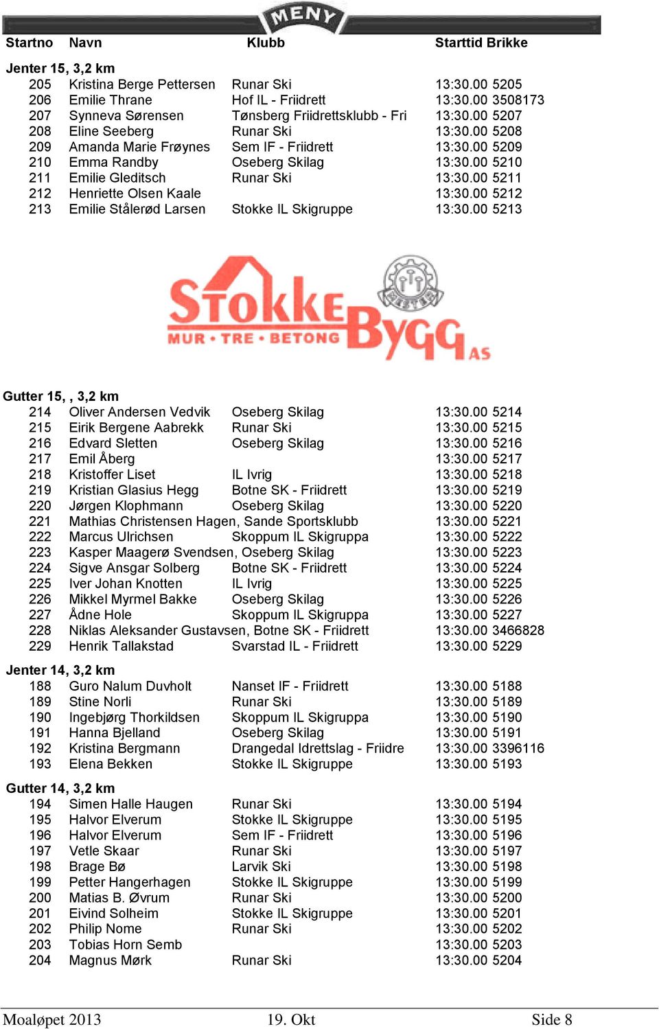 00 5211 212 Henriette Olsen Kaale 13:30.00 5212 213 Emilie Stålerød Larsen Stokke IL Skigruppe 13:30.00 5213 Gutter 15,, 3,2 km 214 Oliver Andersen Vedvik Oseberg Skilag 13:30.