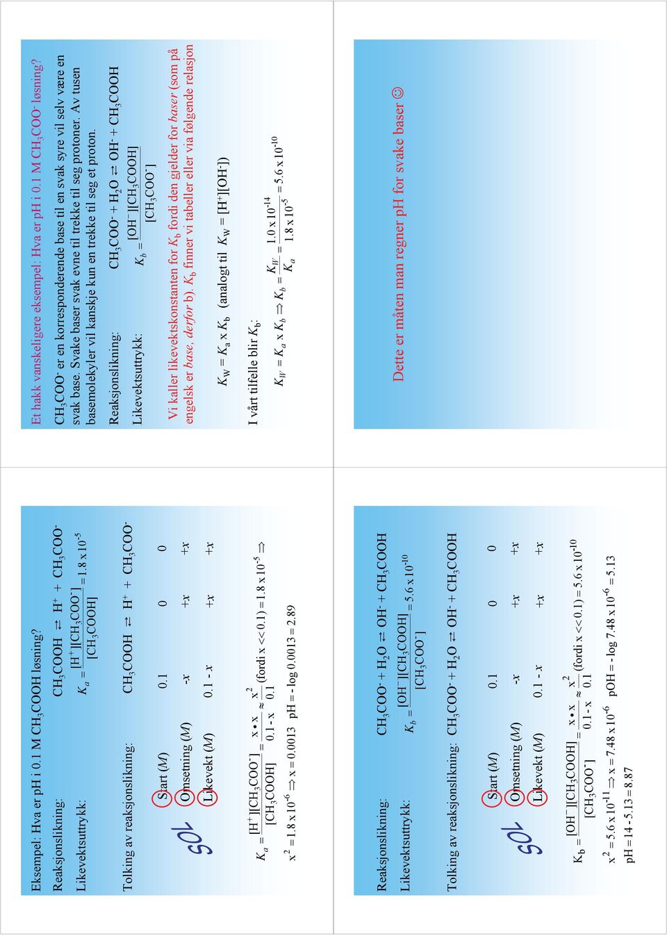 6 10 [CH COO ] 10 Tolkig av reaksjoslikig: CH COO H O OH CH COOH Start (M) Omsetig (M) 0.1 0 0 Likevekt (M) 0.1 b ph 0.1 [OH ][CH COOH] [CH 0.1 COO ] 11 5.6 10 7.48 10 14 5.1 8.87 6 0.